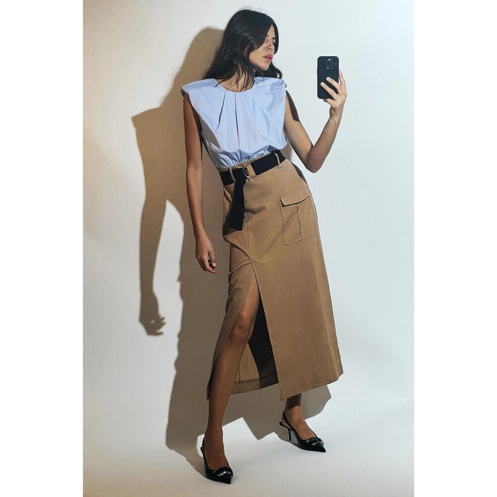 Zara Dress Womens Medium Blue Tan Colorblock Belted Pleated Sheath Long Pocket